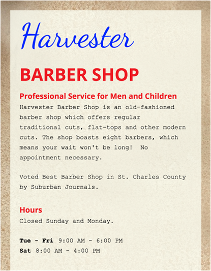 Harvester Barber Shop - Business Information
